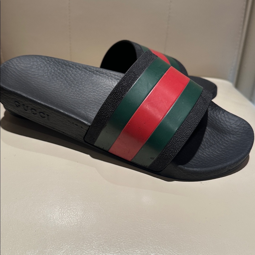 Gucci Black Slides with Red and Green Accents